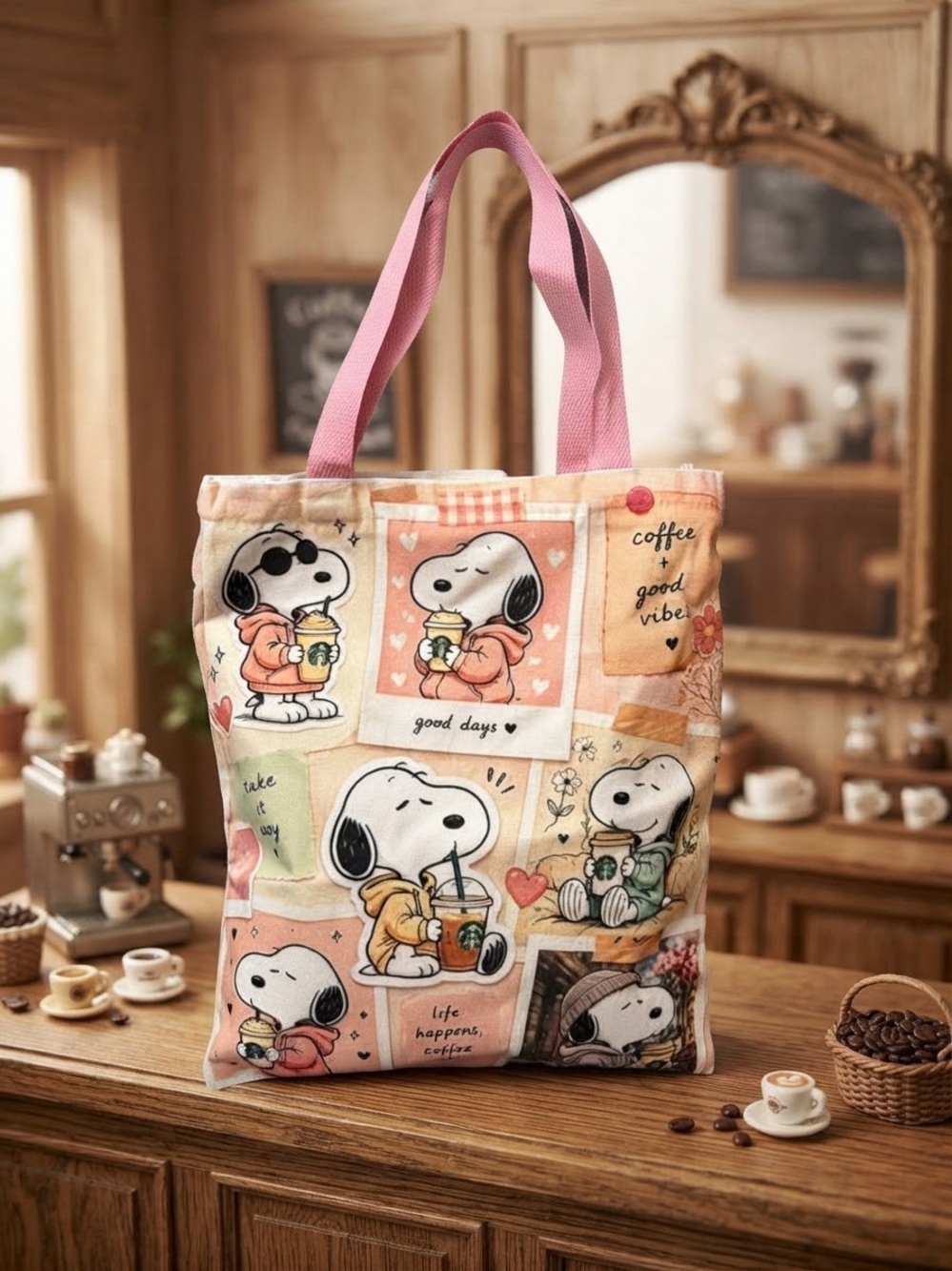 Snoopy Printed Canvas Tote Bag in Pink 12”x14”